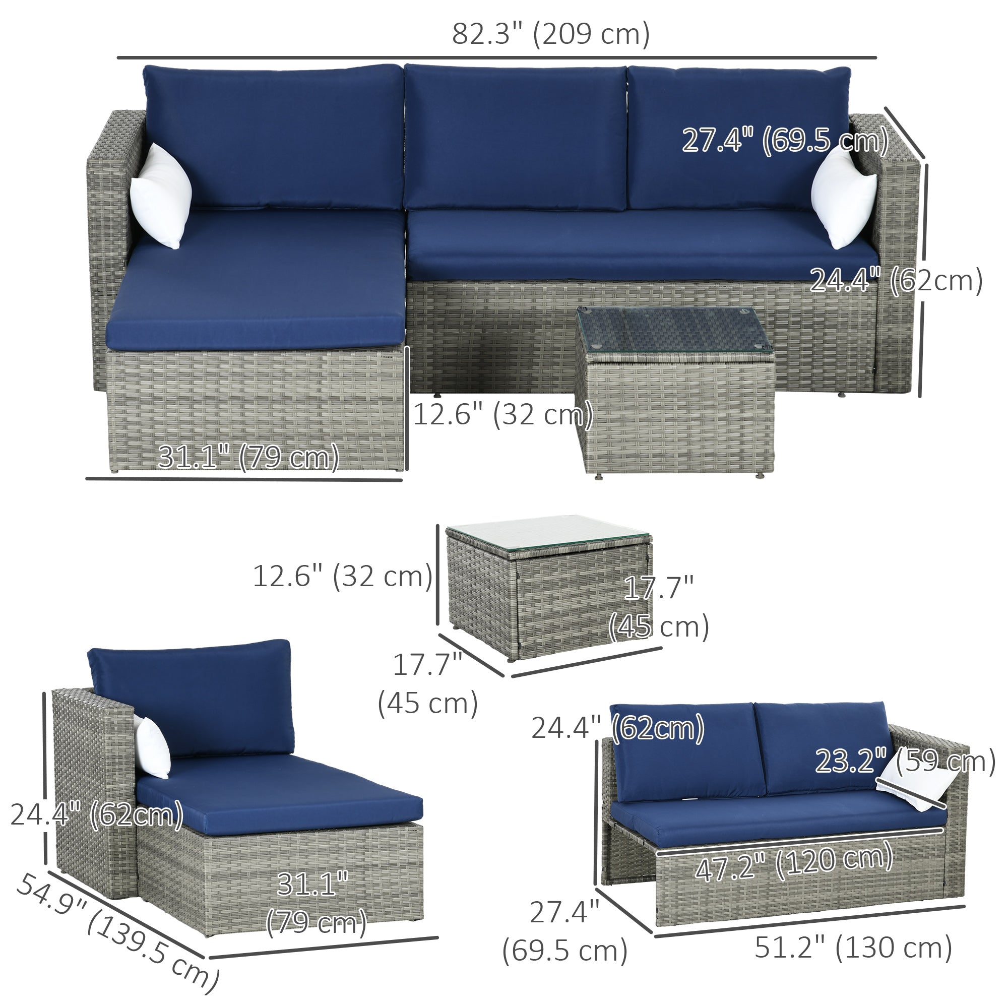 Outsunny Modern 3-Piece Rattan Sofa Set, Wicker Patio Furniture with Coffee Table, Cushions, Pillows for Outdoor 