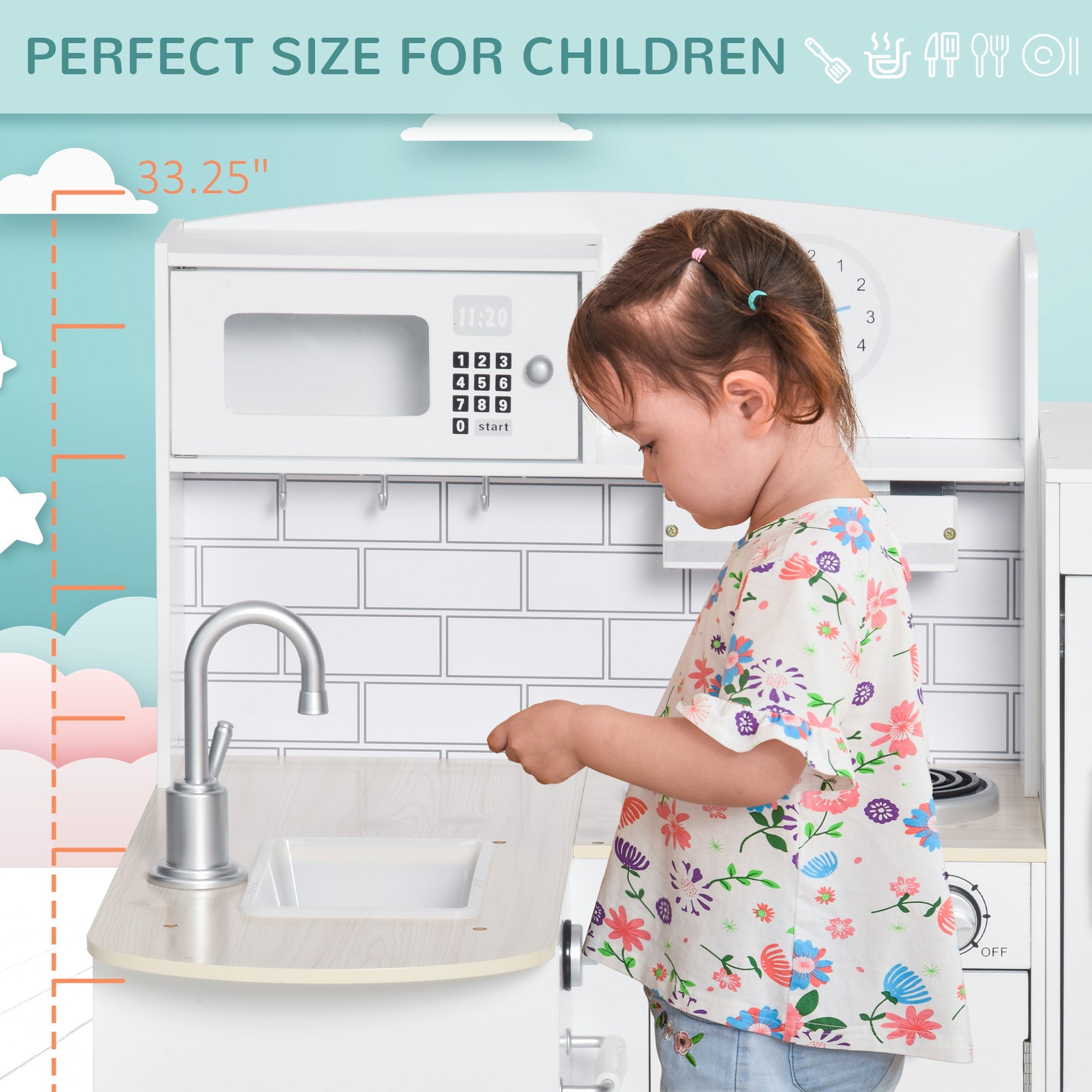 Qaba Play Kitchen Set for Kids - White Cooking Toy with Drinking Fountain, Microwave, Fridge & Accessories 