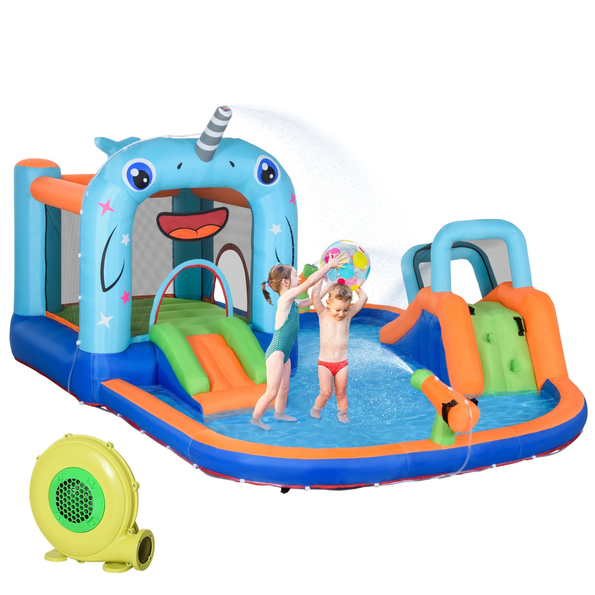 Outsunny Narwhals Style 5-in-1 Inflatable Water Slide Kids Bounce House with Trampoline Climbing Wall Slide Carry Bag 