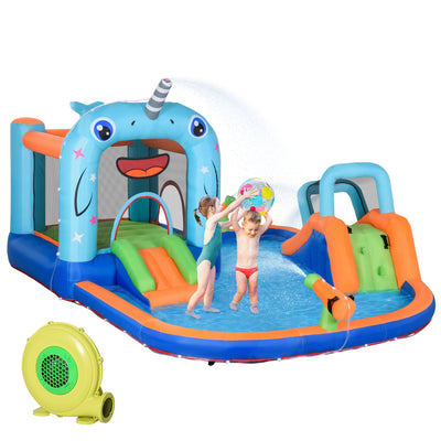 Outsunny Narwhals Style 5-in-1 Inflatable Water Slide Kids Bounce House with Trampoline Climbing Wall Slide Carry Bag 