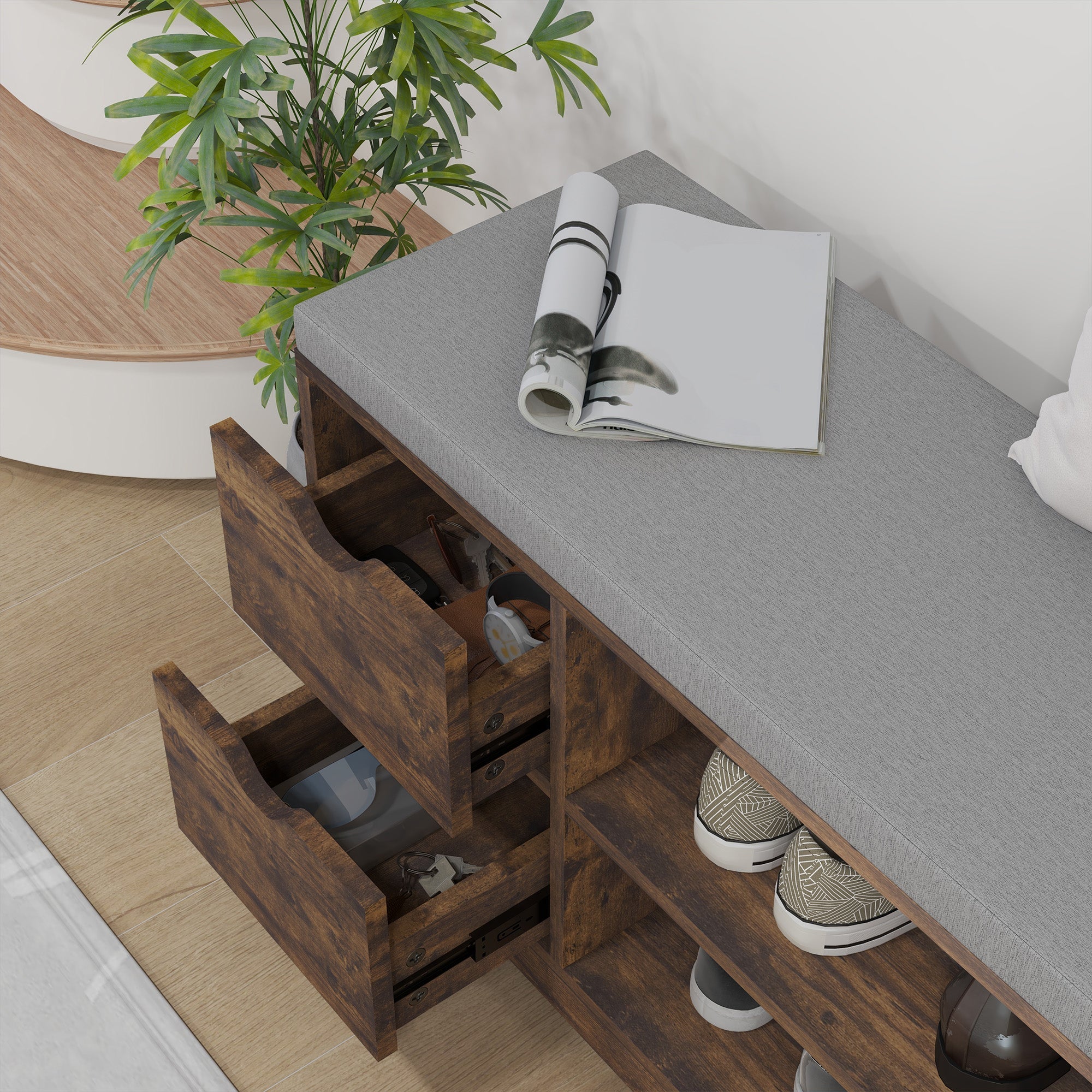 HOMCOM Upholstered Shoe Storage Bench w/ Seat, Entrance Bench w/ Drawer Open Shelves and Pocket for Hallway, Rustic Brown 