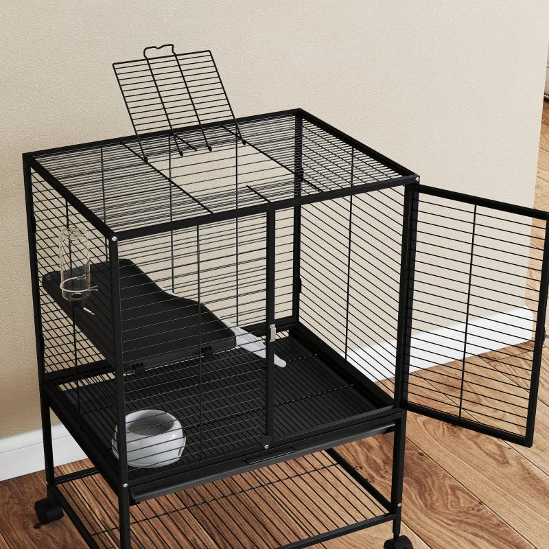 Rolling Small Animal Cage 34"H Chinchilla Cage for Ferrets, Squirrels w/ Removable Tray, Storage Shelf, Black