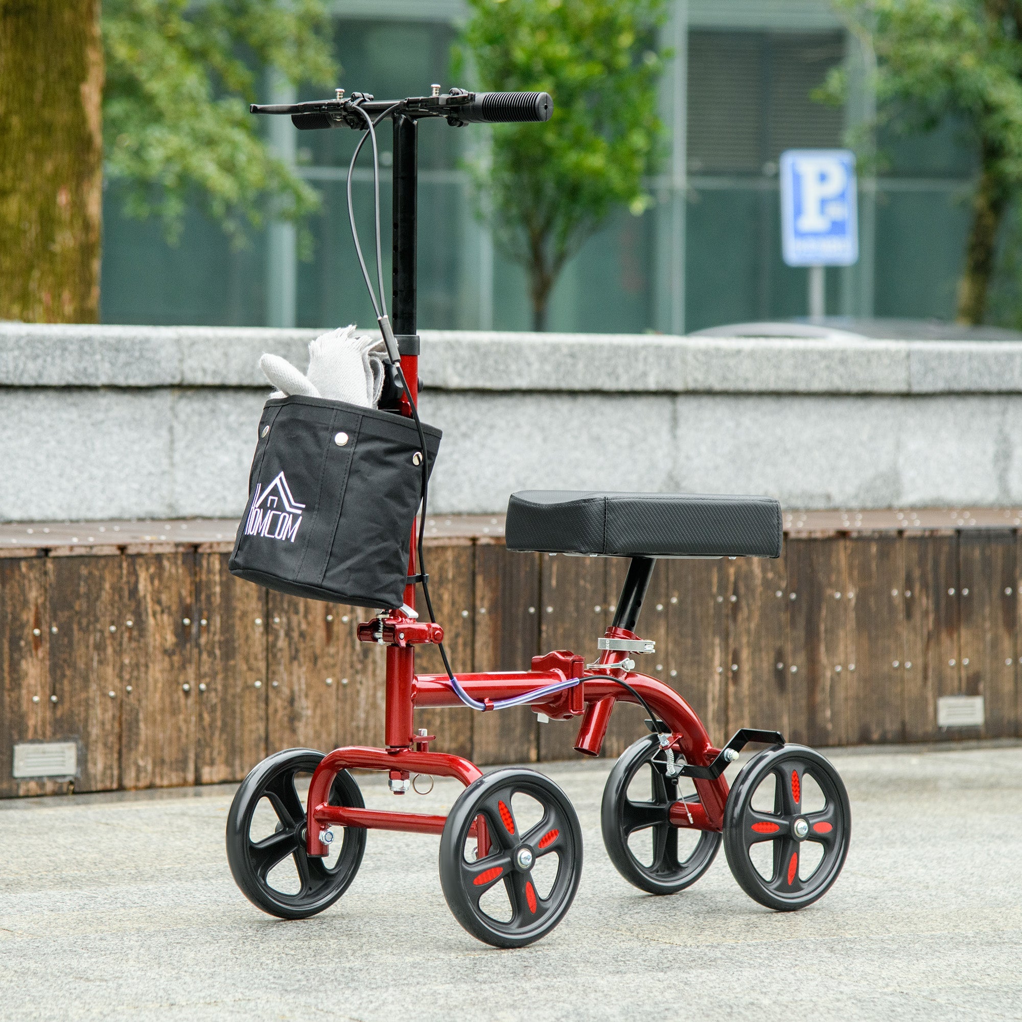 HOMCOM Foldable Knee Scooter Steerable Walker Dual Brakes Adjustable Height Crutch Alternative Mobility Aid Red 