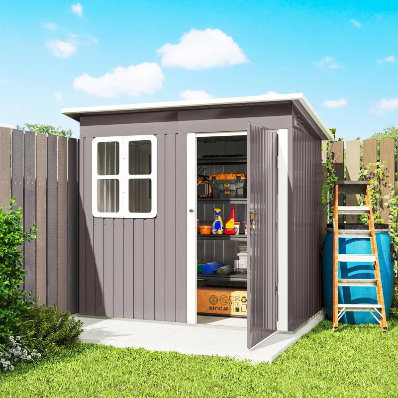 7' x 4' Galvanised Steel Outdoor Storage Shed, Garden Shed with Window, Lockable Wide Door and Air Vents, Warm Grey