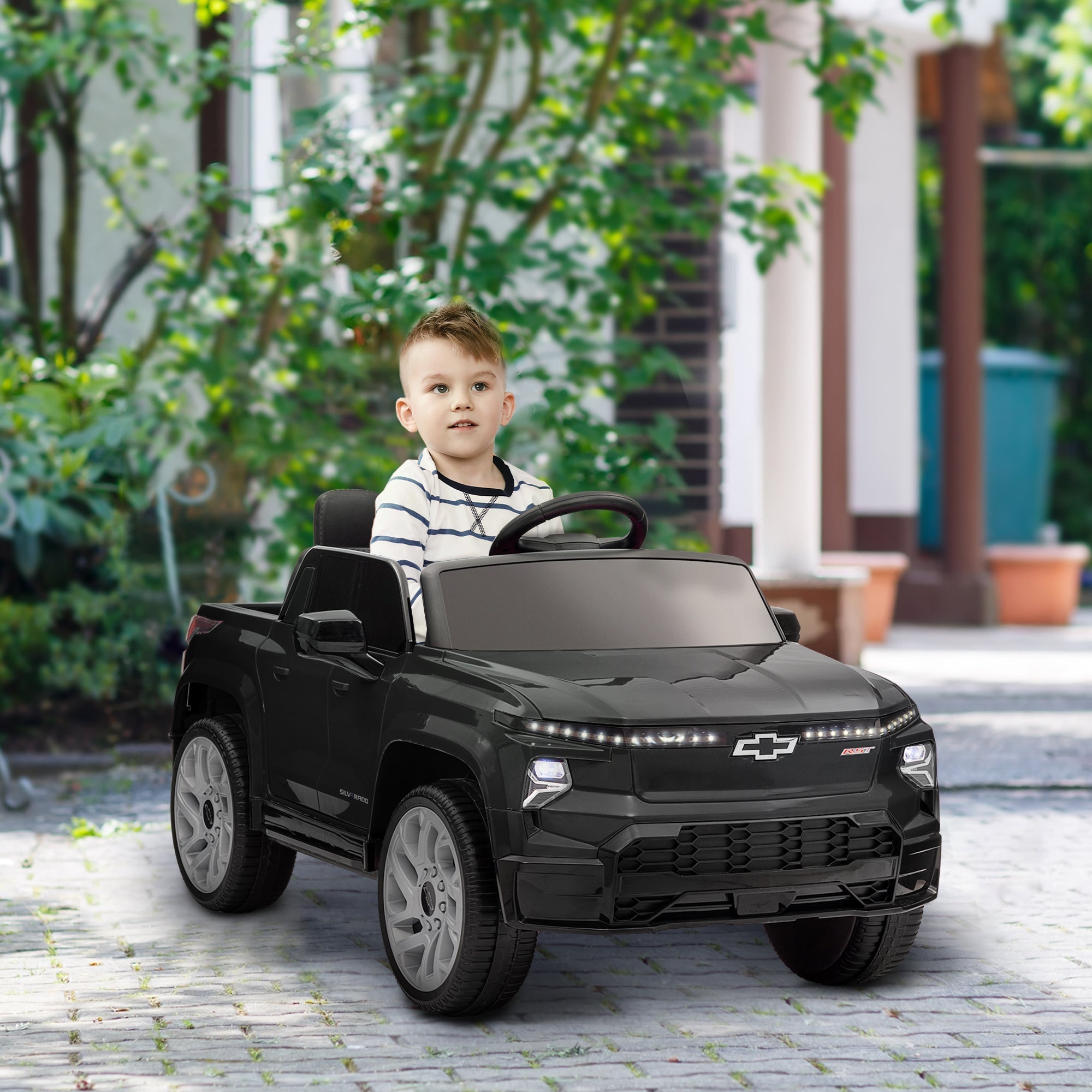 Qaba 12V CHEVROLET SILVERADO EV RST Licensed Kids Car w/ Remote, Spring Suspension, Soft Start, Training Wheels, Black 