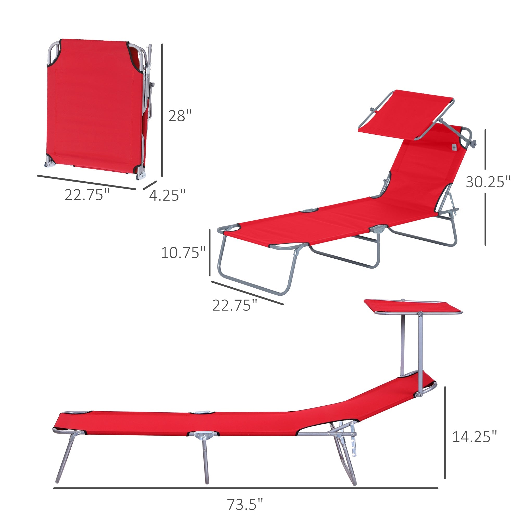 Outsunny Adjustable Garden Chaise Lounge Outdoor Camping Beach Lounging Bed Reclining Seat Portable with Sun Shade (Red) 