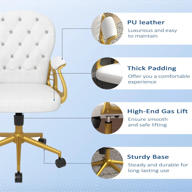 Velvet Office Desk Chair Button Tufted Vanity Chair with Swivel Wheels, Adjustable Height and Tilt Function, Cream White