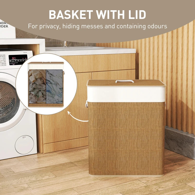Double Laundry Basket with Lid, 100L Bamboo Laundry Hamper with Rope Handles and Removable Bags, Brown