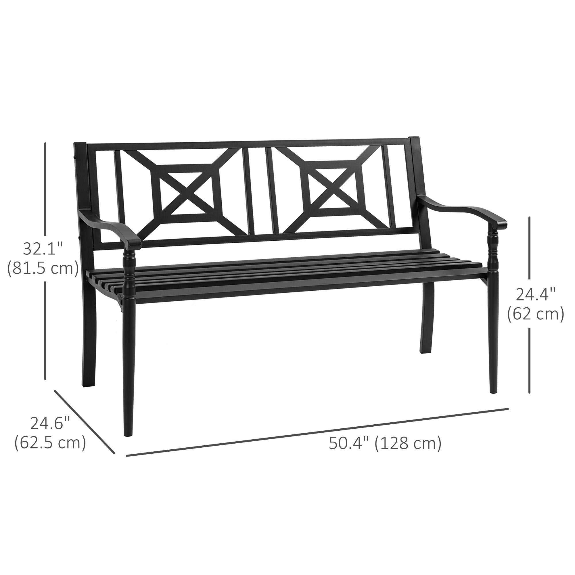 Outsunny Steel Garden Bench 2-person Outdoor Loveseat Black Durable Patio Furniture for Lawn Deck Yard Porch Entryway 