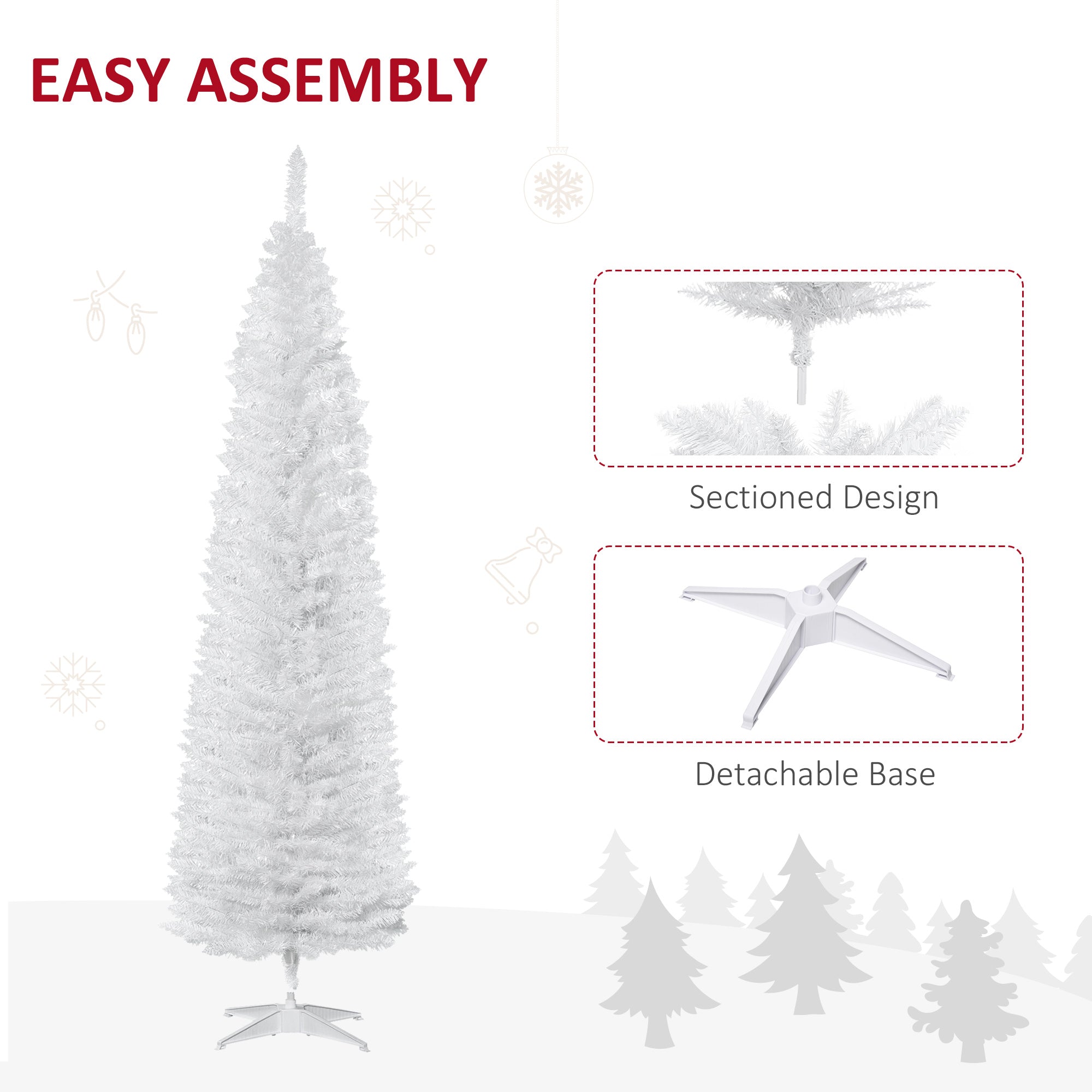 HOMCOM 7' Pencil Christmas Tree, Slim Artificial Xmas Tree with Realistic Branches, Sturdy Metal Stand, White 