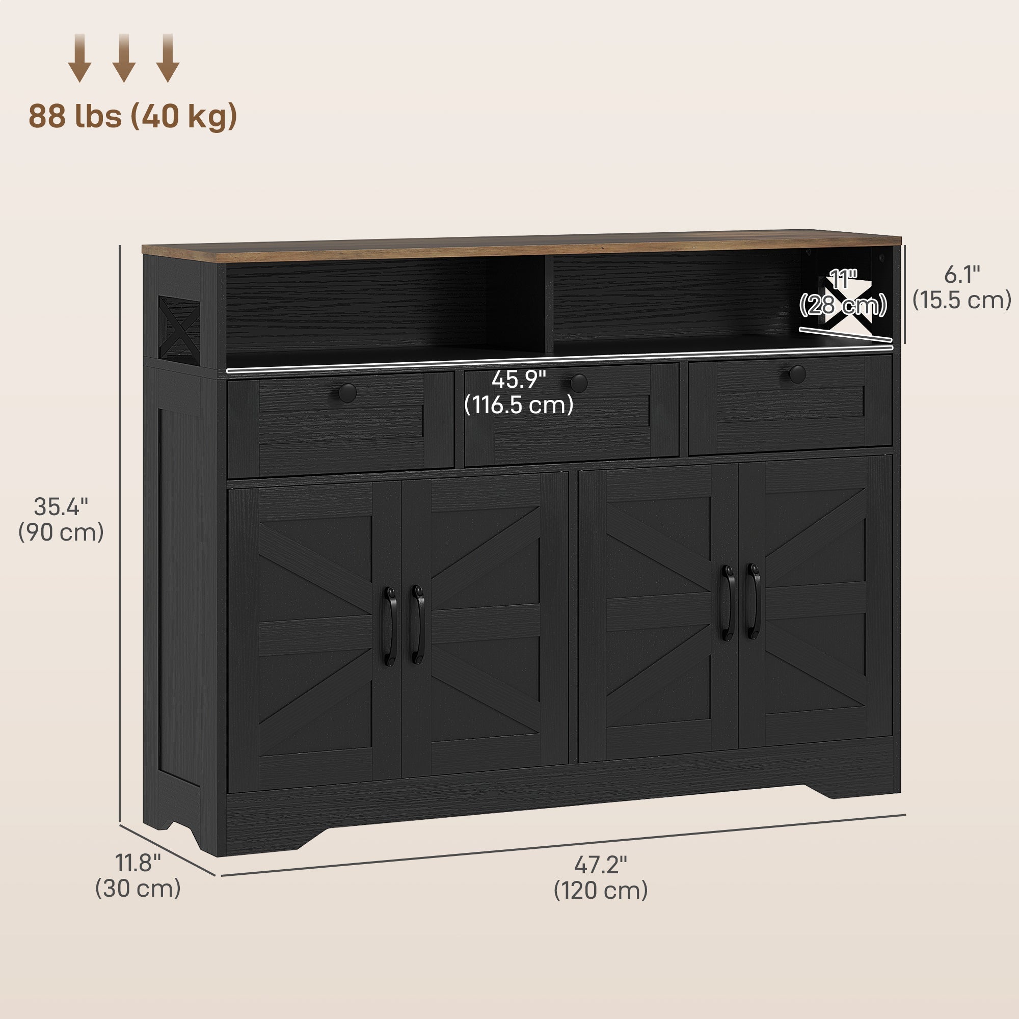 HOMCOM Sideboard, Buffet Cabinet with 4 Barn Doors and 3 Drawers, Coffee Bar Cabinet with Adjustable Shelves, Black 