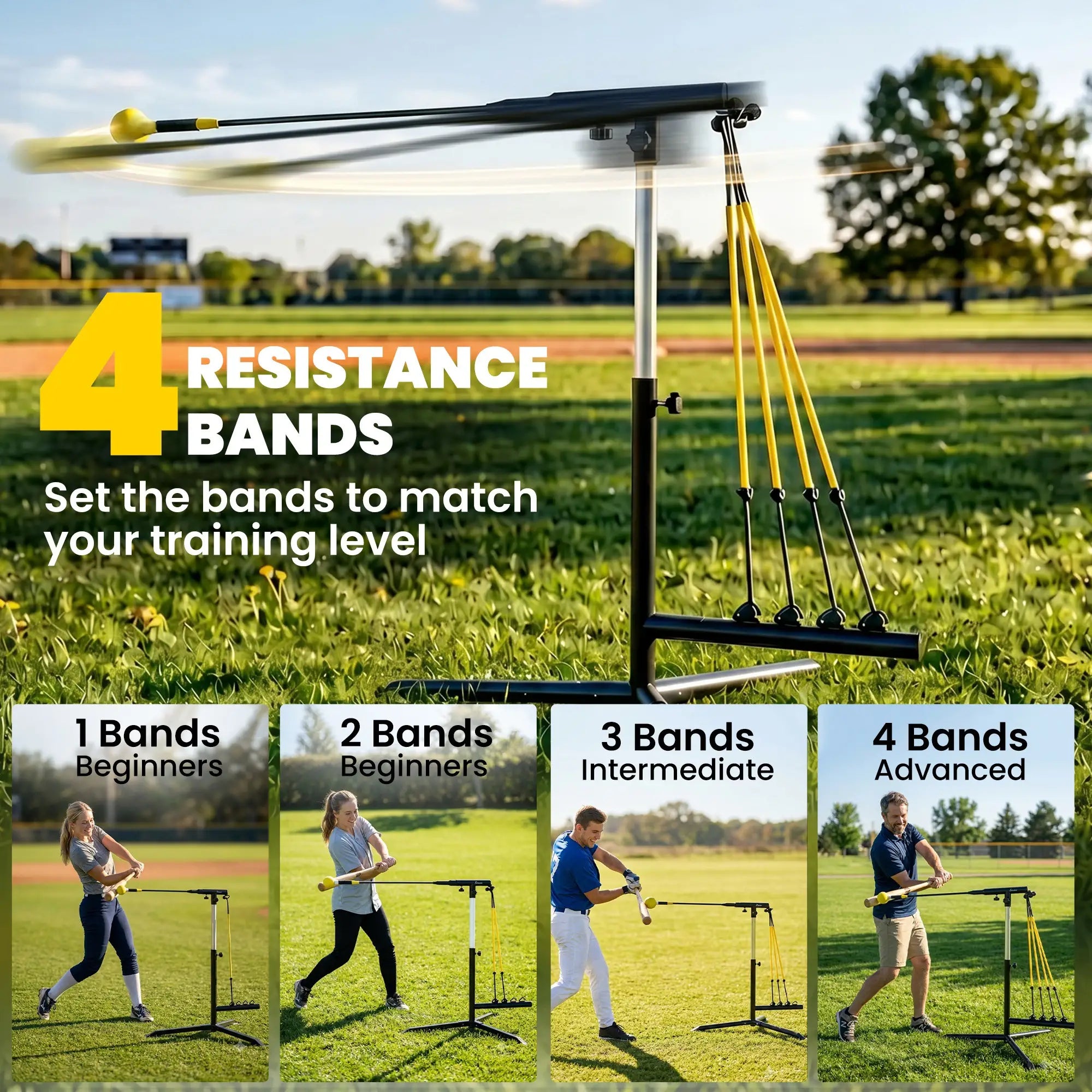 Adjustable Baseball Hitting Trainer with Auto-Rebound & Resistance Bands