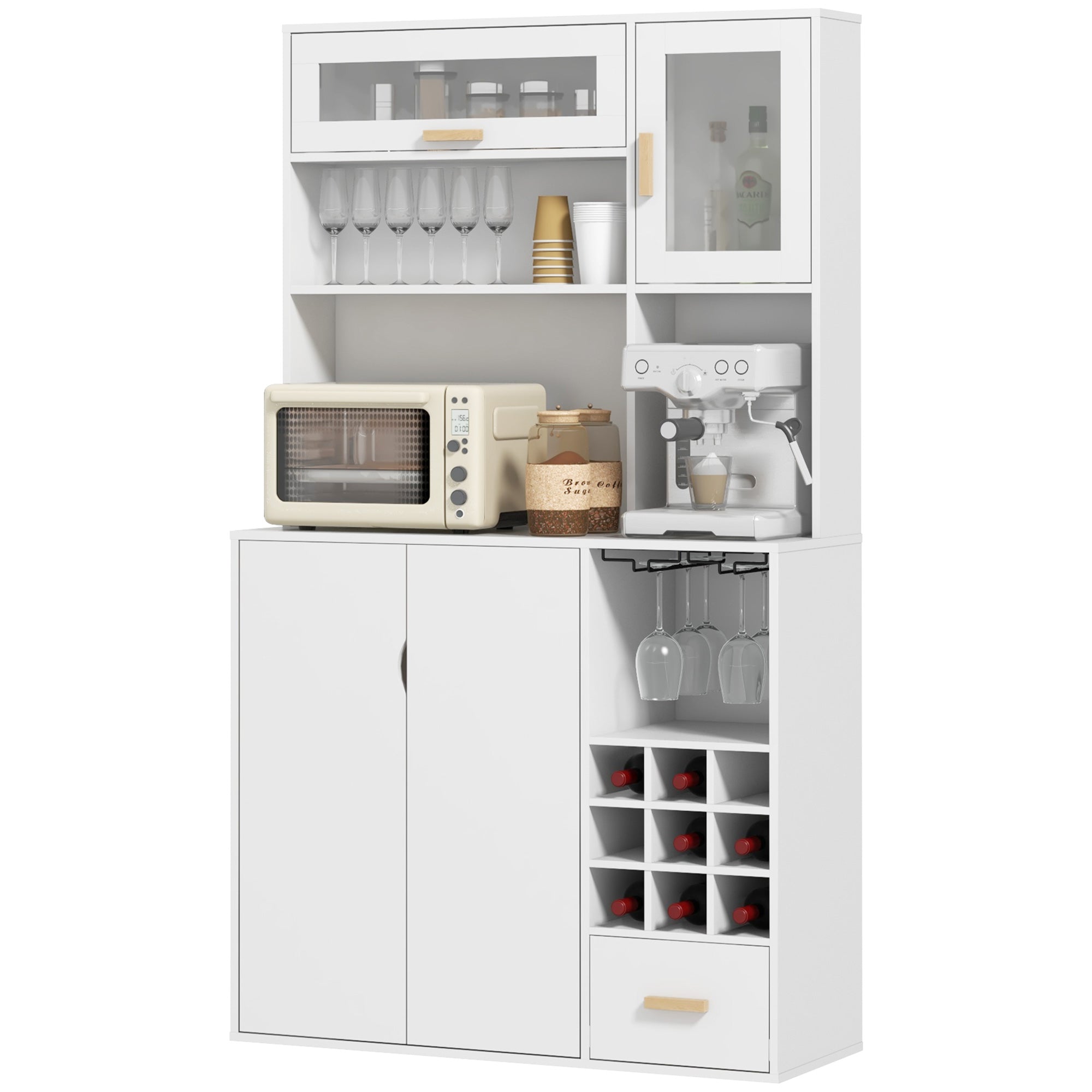 HOMCOM Coffee Bar Cabinet Kitchen Hutch Wine Storage Microwave Countertop Drawer Tempered Glass Doors White Stylish Versatile Furniture 