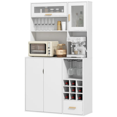 HOMCOM Coffee Bar Cabinet Kitchen Hutch Wine Storage Microwave Countertop Drawer Tempered Glass Doors White Stylish Versatile Furniture 