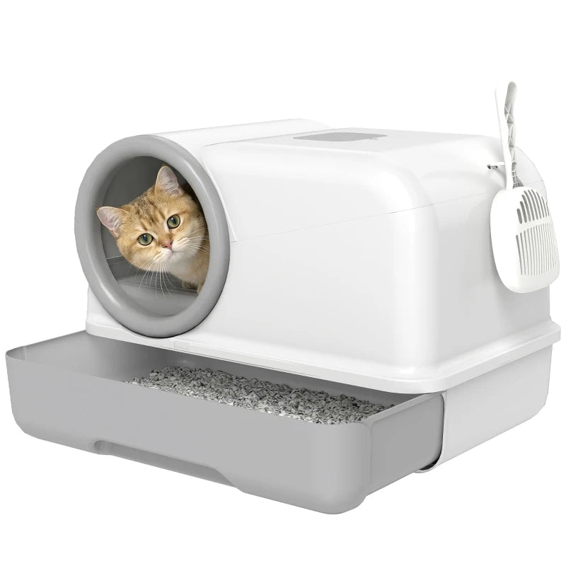 Cat Litter Box Easy Clean Drawer Odor Control Hooded Cat Litter Tray with Scoop White and Grey