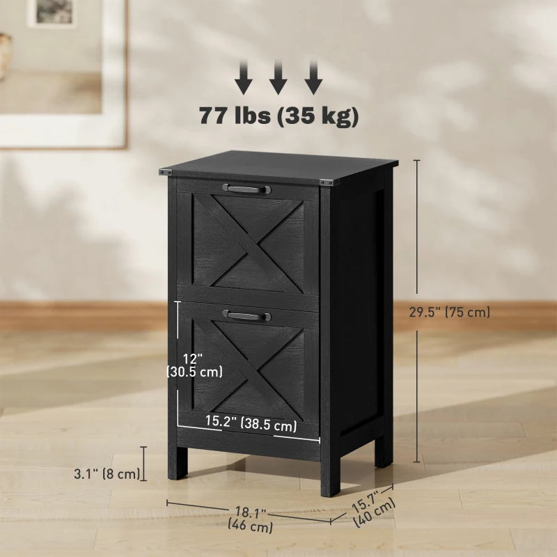 Vertical Filing Cabinet with 2 Drawers, Rustic Farmhouse Office Storage Cabinet for A4, Letter Size, Black
