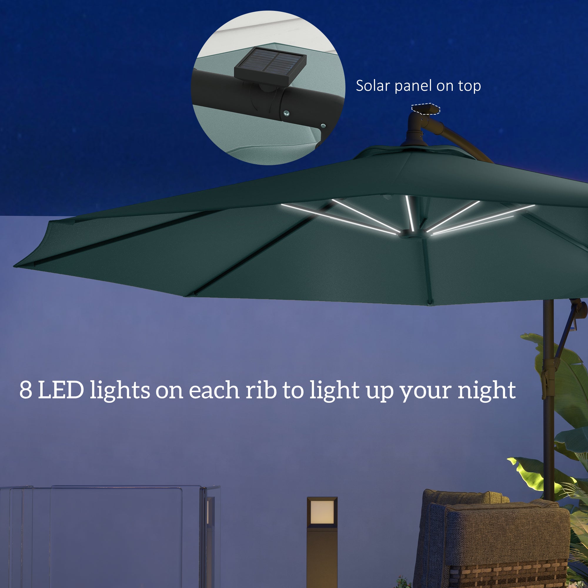 Outsunny 10ft Outdoor Cantilever Hanging Offset Umbrella with Solar LED Lights, Crank, Cross Base, Aluminum Frame, Green 