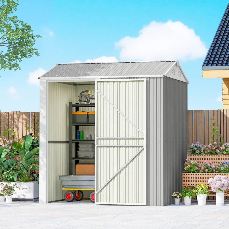 7' x 6' Tall Outdoor Storage Shed, Waterproof Metal Garden Shed with Gloves, Lockable Door, Silver Grey