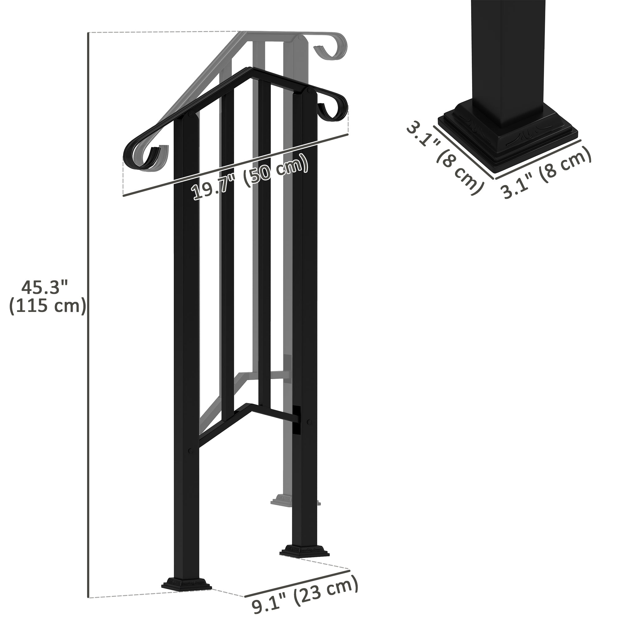 Outsunny 1-2 Step Handrails for Outdoor Steps, Metal Outdoor Stair Railing, Porch Deck Railing with Installation Kit, Black 