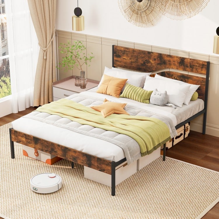 Twin/Full/Queen/King Metal Bed Frame with Wooden Headboard and Footboard-Queen Size