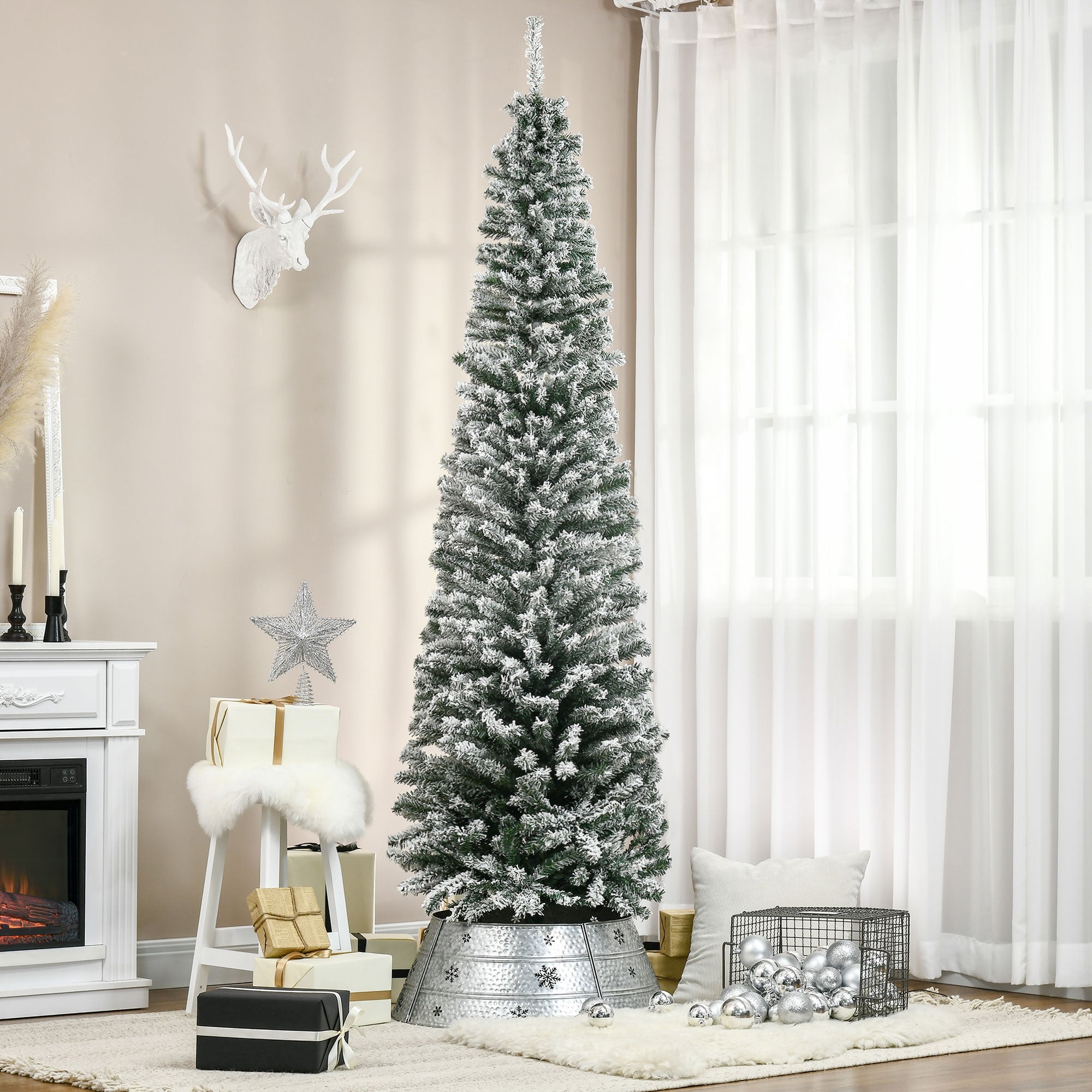 HOMCOM 7.5ft Snow Flocked Pencil Christmas Tree Artificial Slim Xmas Tree with Realistic Branch Tips Folding Metal Stand 