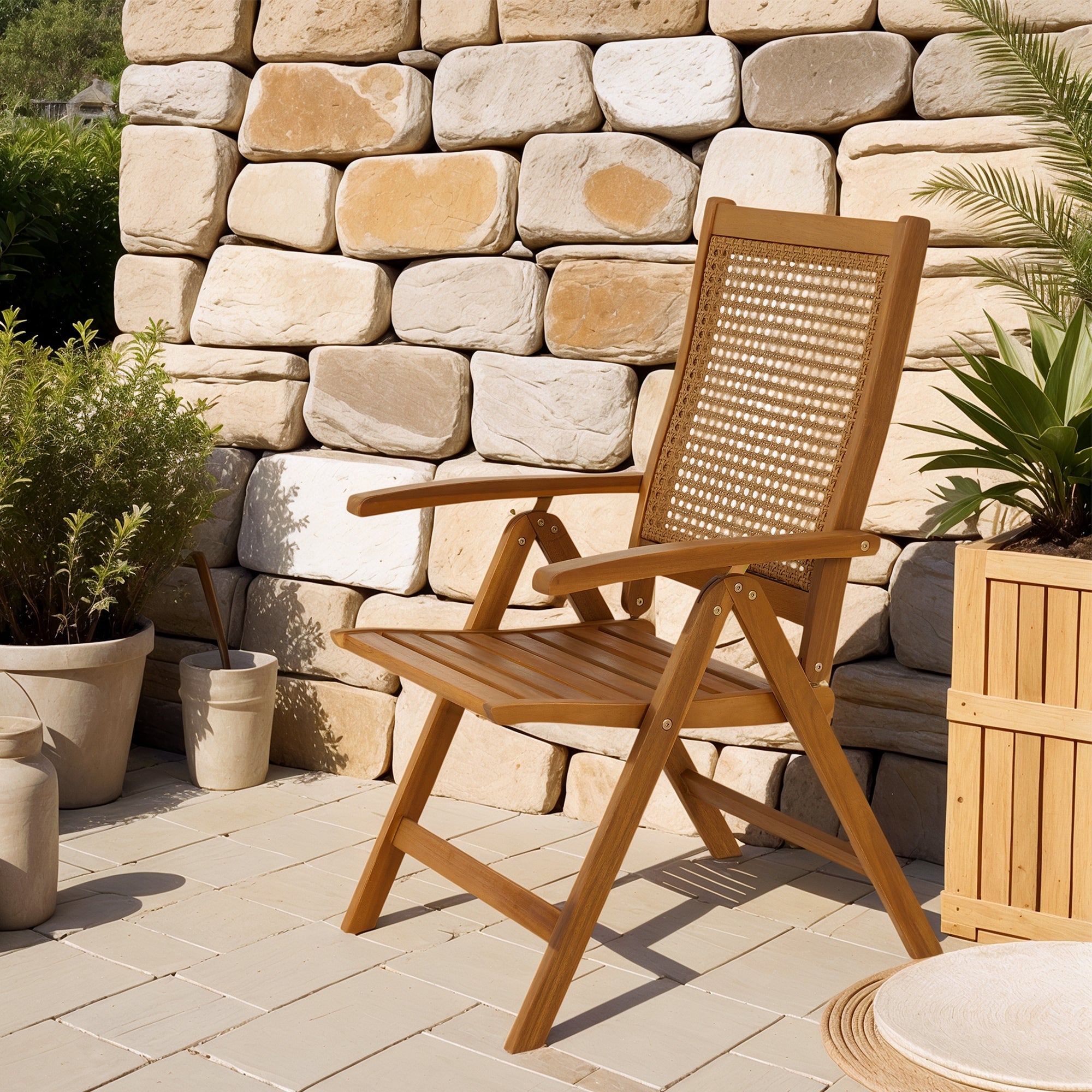 Outsunny Outdoor Folding Chair with Adjustable Back, Wood Foldable Camping Chair with Slatted Seat, Armrest, Teak 