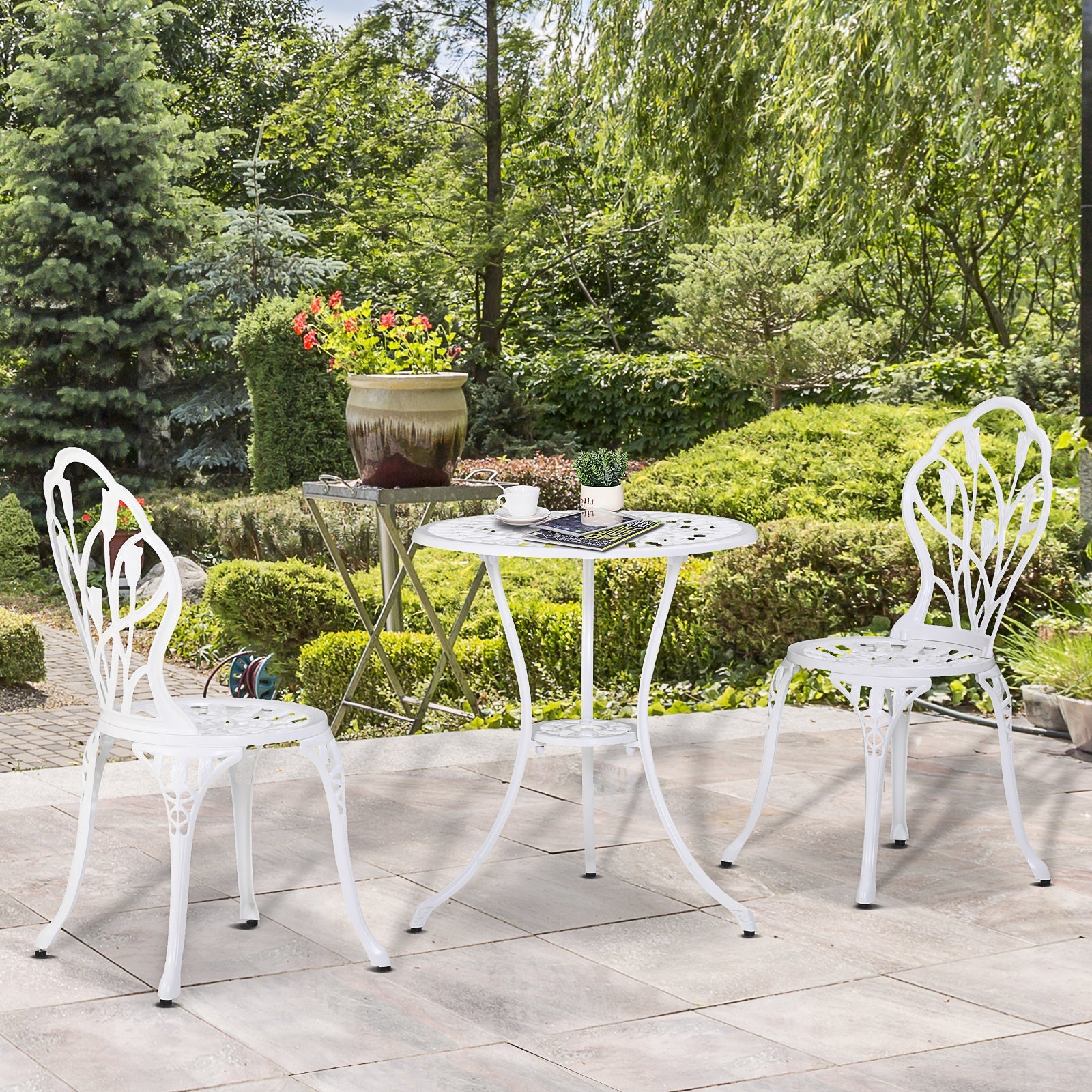 Outsunny 3-Piece Cast Aluminum Patio Bistro Set, Outdoor Table and Chairs with Umbrella Hole, Elegant Design, White 