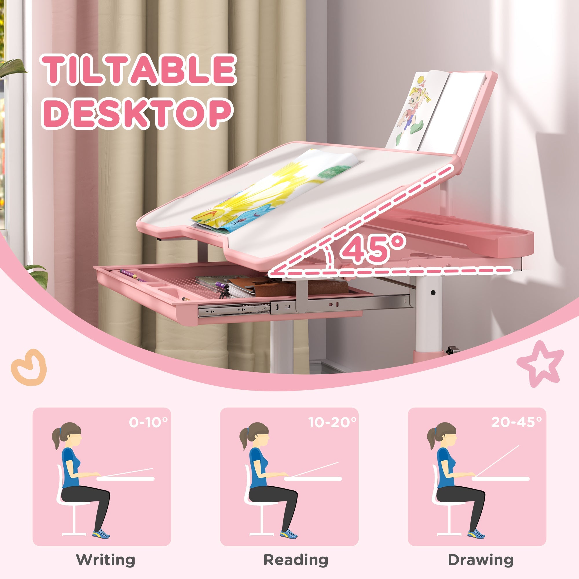 Qaba Height Adjustable Kids Desk and Chair Set with Tilt Desktop, Large Writing Board, Storage Drawer, Book Stand, Pink 