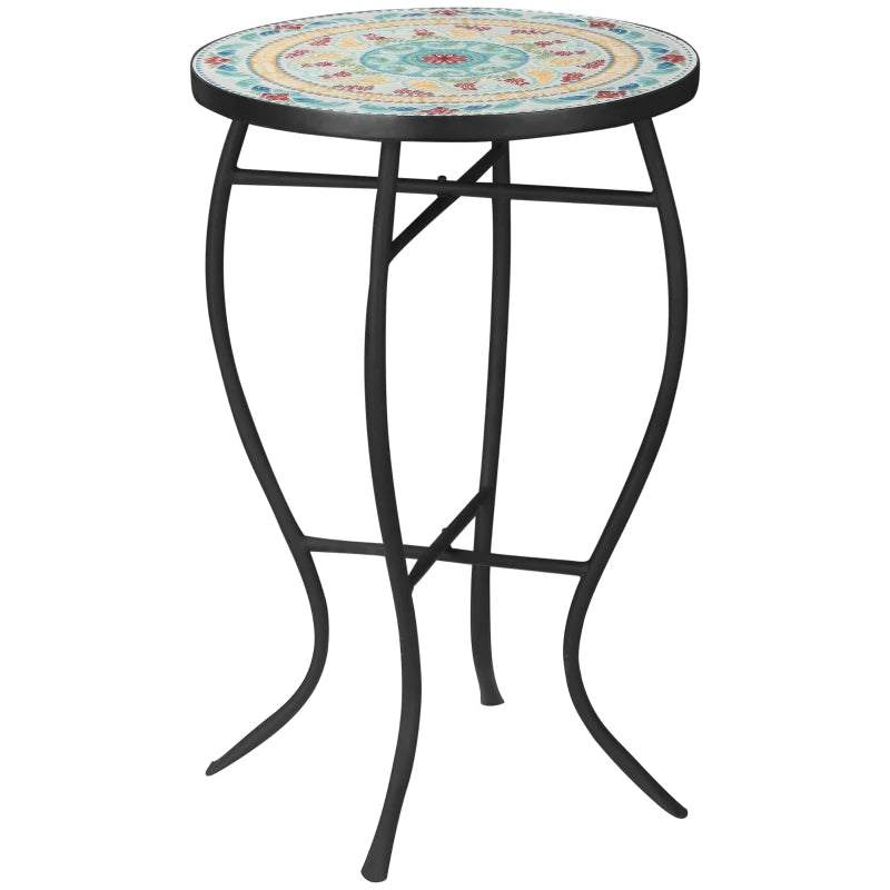 Mosaic Patio Table, Round Coffee Table with Metal Frame, Garden Furniture for Outdoor, Poolside, Multicolor