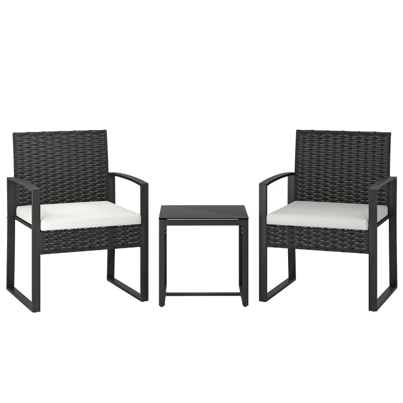 Outdoor Bistro Set, 3 Piece Wicker Patio Furniture Set with Glass Top Table and Cushions for Porch, Balcony, Cream White