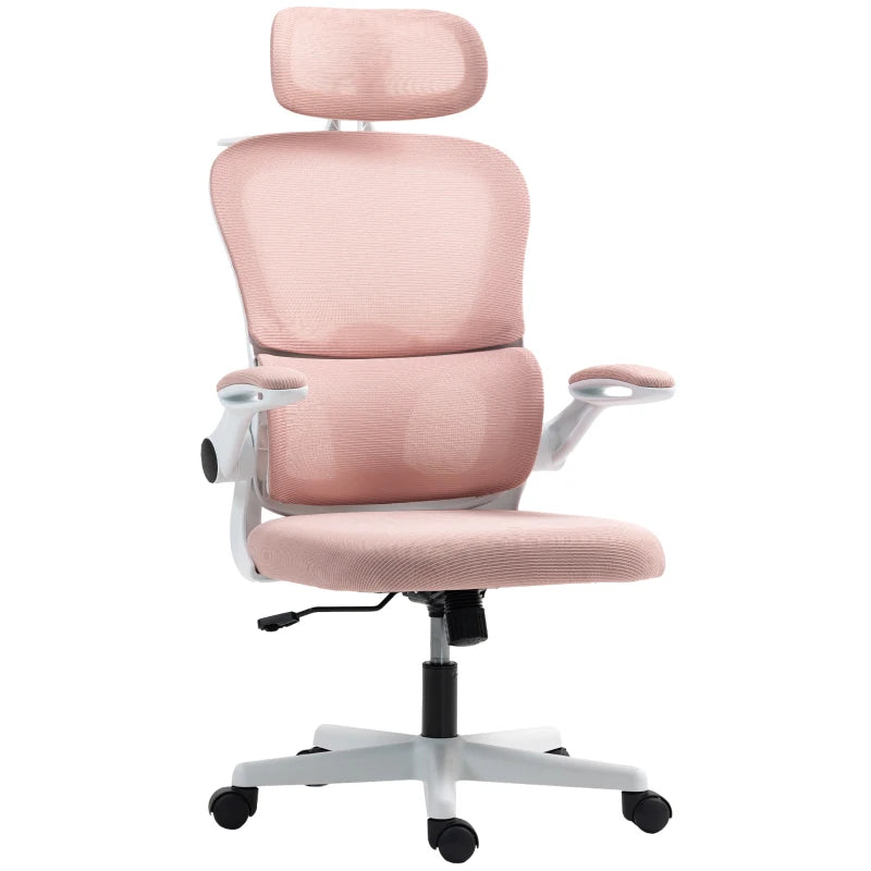 Mesh Office Chair, Ergonomic Desk Chair with Flip-up Armrest, Rotatable Headrest, Adjustable Lumbar Support, Pink