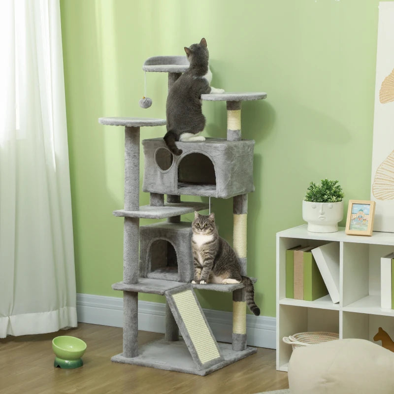 54" Cat Tree, Multi-Level Cat Tower with Scratching Posts, Cat Condos, Bed, Platforms, Ramp, Toy Ball, Light Grey