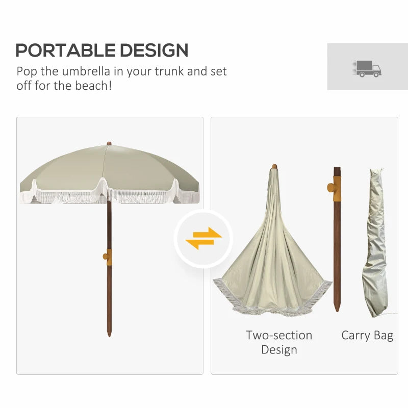 6.2' Beach Umbrella for Travel, Vent, Ruffles, Carry Bag, Portable Outdoor Umbrella for Garden, Light Green
