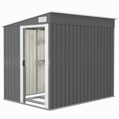 Outsunny 5'x7' Lean to Galvanized Metal Shed with Foundation, Garden Tool Storage House with Sliding Door and 2 Vents, Dark Grey 