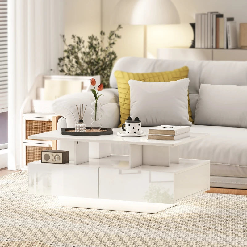 Coffee Table with RGB LED Lights, Modern Living Room Table with 4 Drawers, Open Shelf, Remote Control, High Gloss White