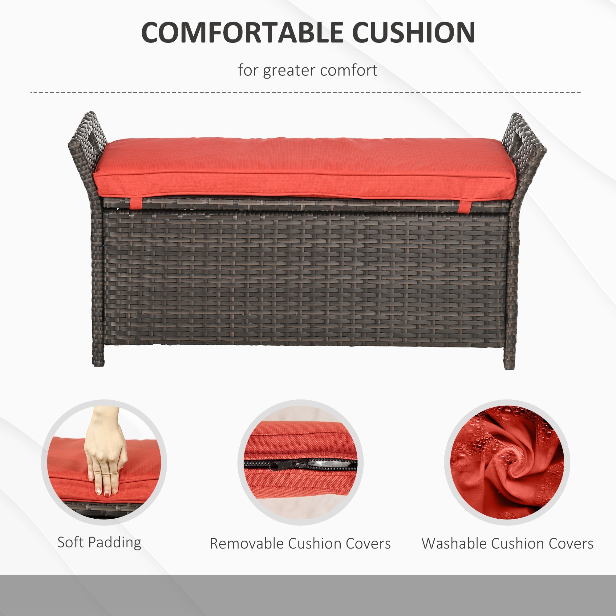 Outsunny 2-In-1 Outdoor PE Rattan Storage Bench, 27 Gallon Patio Wicker Furniture, Basket Box with Handles and Cushion Red 
