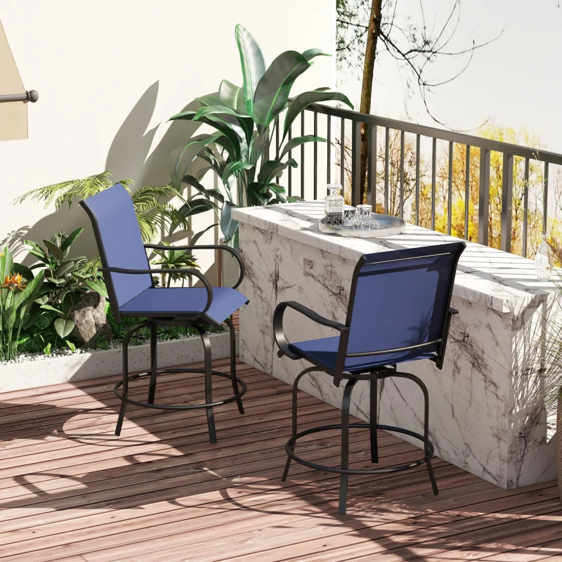 Outdoor Bar Stools Set of 2, 360° Swivel Bar Height Chairs, 26.8" x 29.5" x 48.4", Navy Blue
