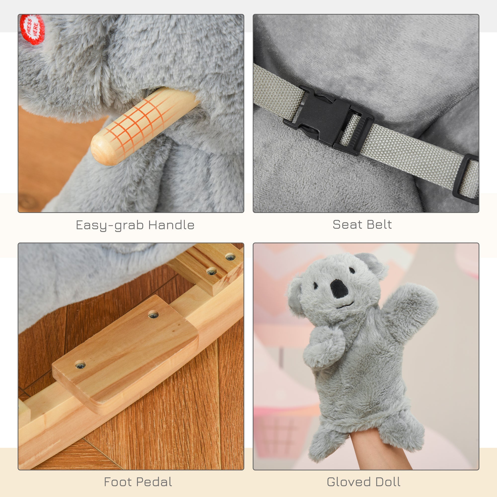 Qaba Koala Rocking Horse for Kids - Plush Ride-On Toy with Gloved Doll & Sounds, Ideal for 18-36 Months, Grey 