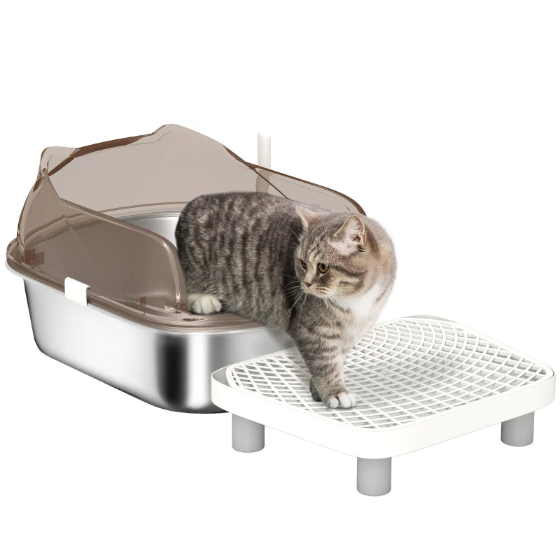 Stainless Steel Cat Litter Box with High Sided Enclosure, Step, Scoop, Non-Sticky & Anti-Urine Leakage, Easy Cleaning
