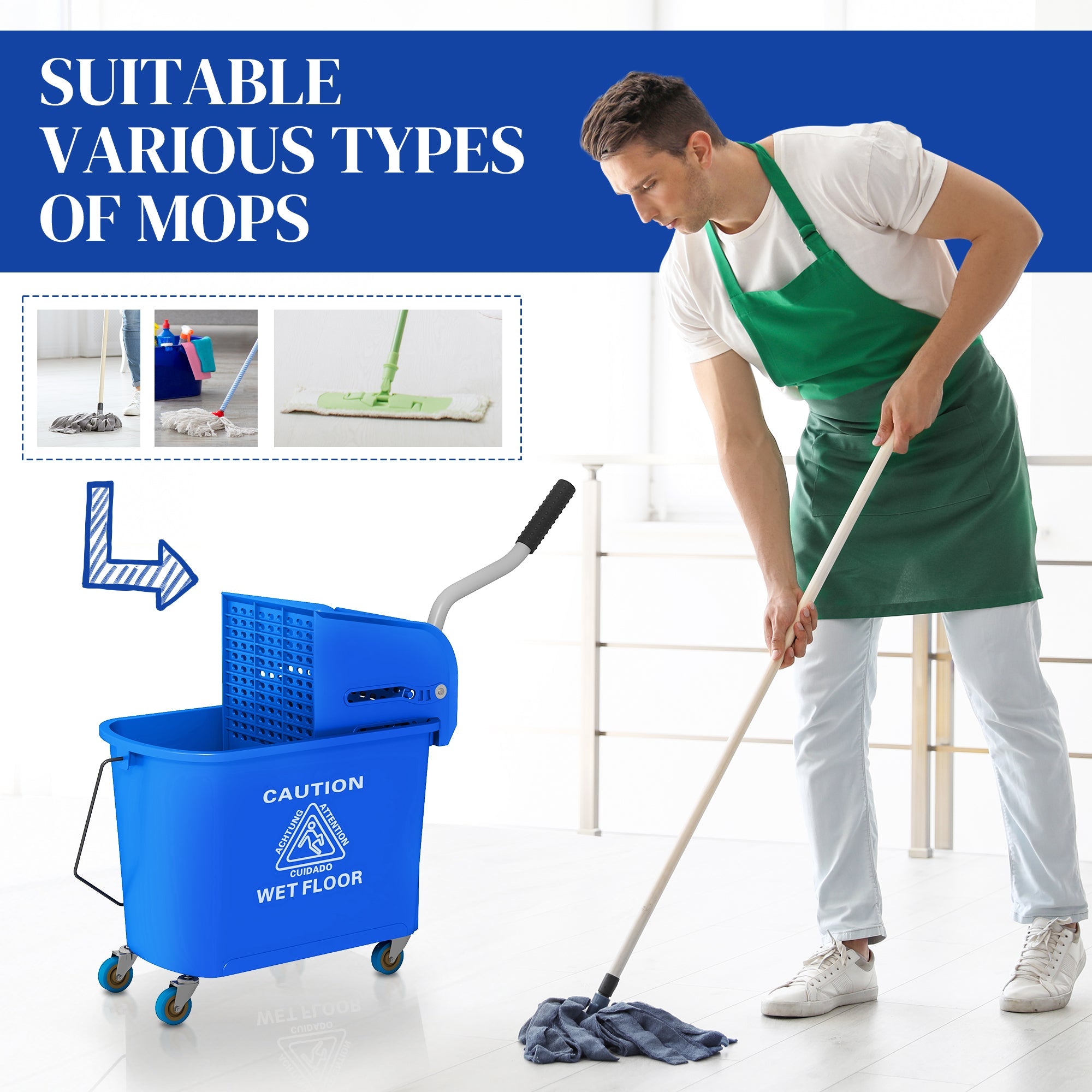 HOMCOM Mop Bucket with Wringer, Mop Bucket on Wheels for Floor Cleaning, 5 Gallon, Separate Dirty and Clean Water, Blue 