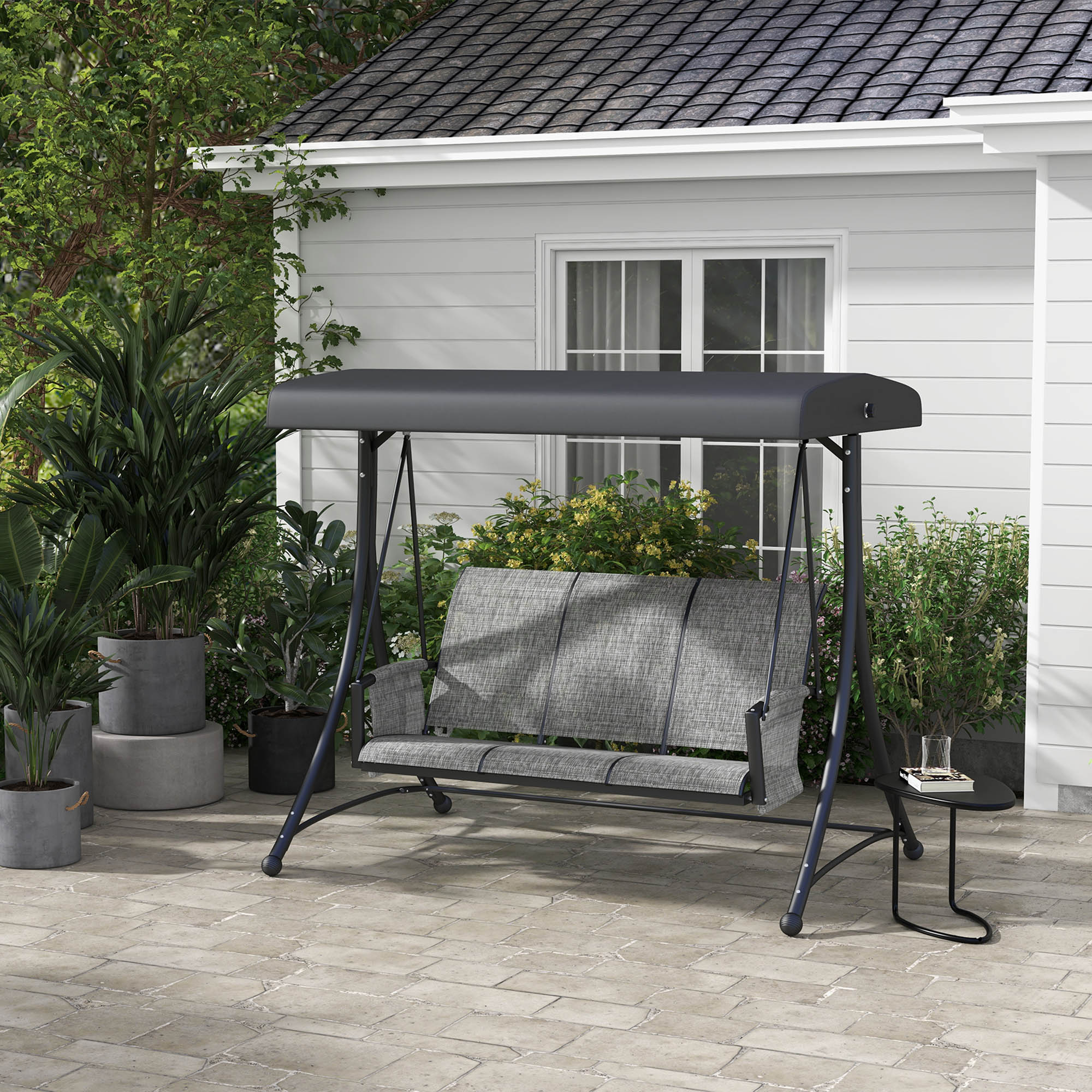 Outsunny 3 Person Outdoor Swing Chair - Adjustable Canopy for Optimal Shade, Comfortable Seating, Sleek Black 