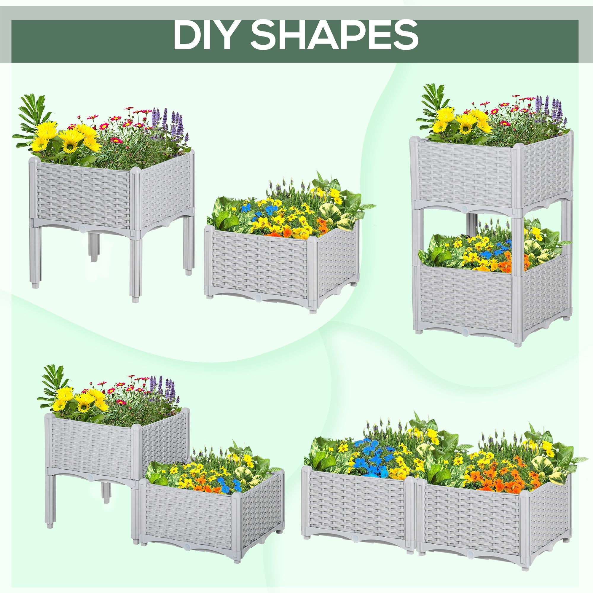 Outsunny 2 Piece Raised Garden Bed PP Raised Flower Bed Vegetable Herb Grow Box Stand Light Grey 