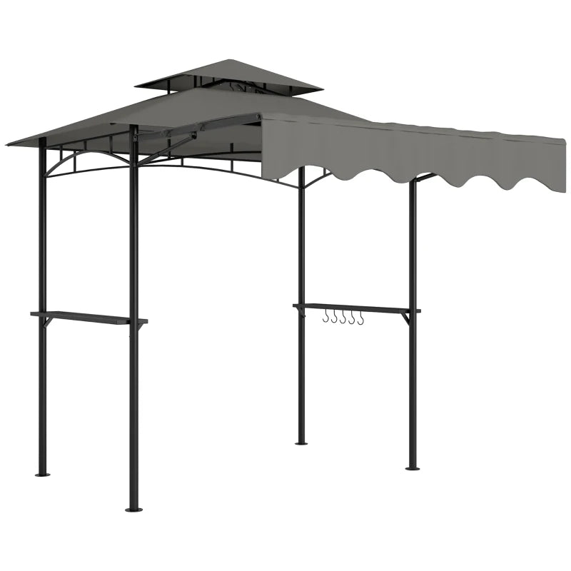 8' x 7.6' Grill Gazebo, Double Tiered Barbecue Grill Gazebo Shelter w/ Side Awning, 2 Side Shelves, 6 Hooks, Light Grey