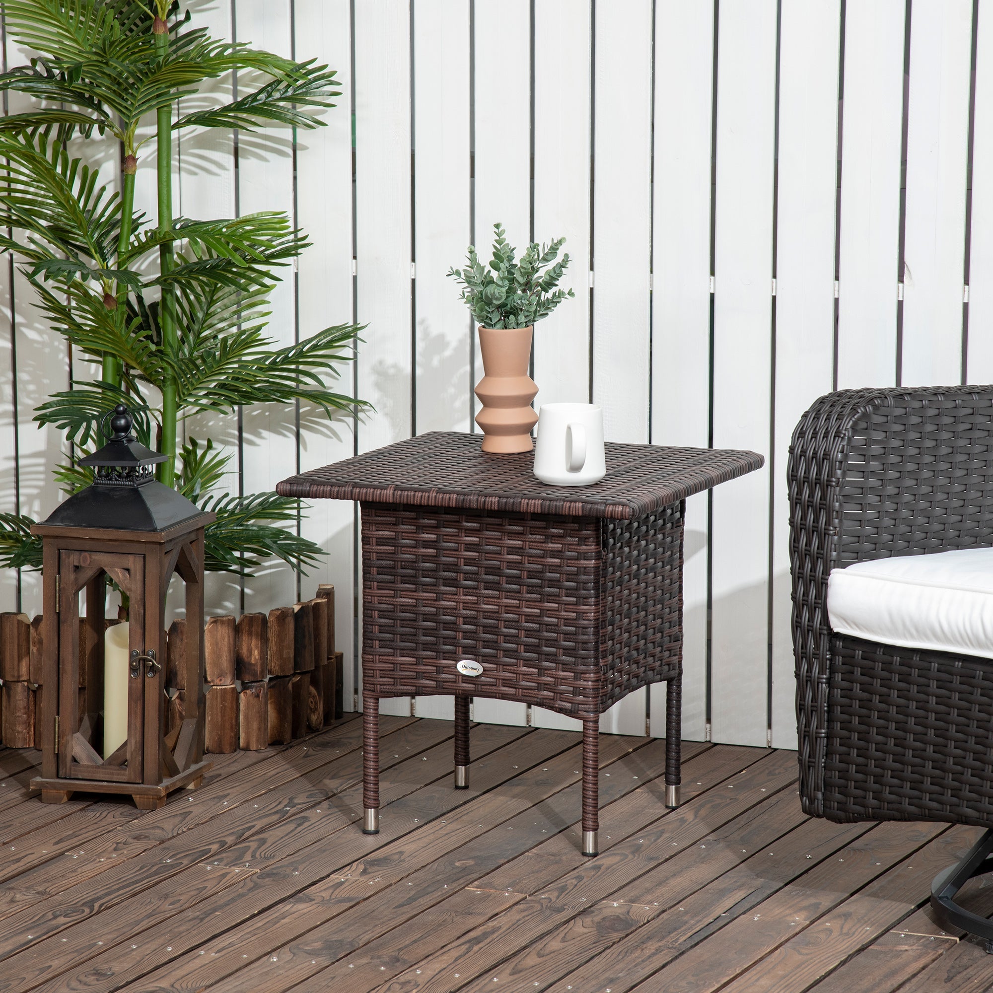Outsunny Rattan End Table, Outdoor Coffee Table, with Plastic Board Under the Full Woven Table Top, Mixed Brown 