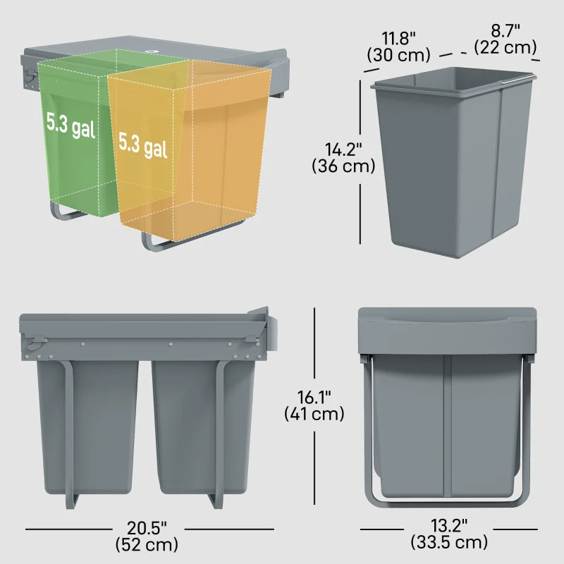 Pull Out Trash Can Under Cabinet, 10.6 Gallon (40L) Slide Out Garbage Can with 2 Removable Compartments, Grey