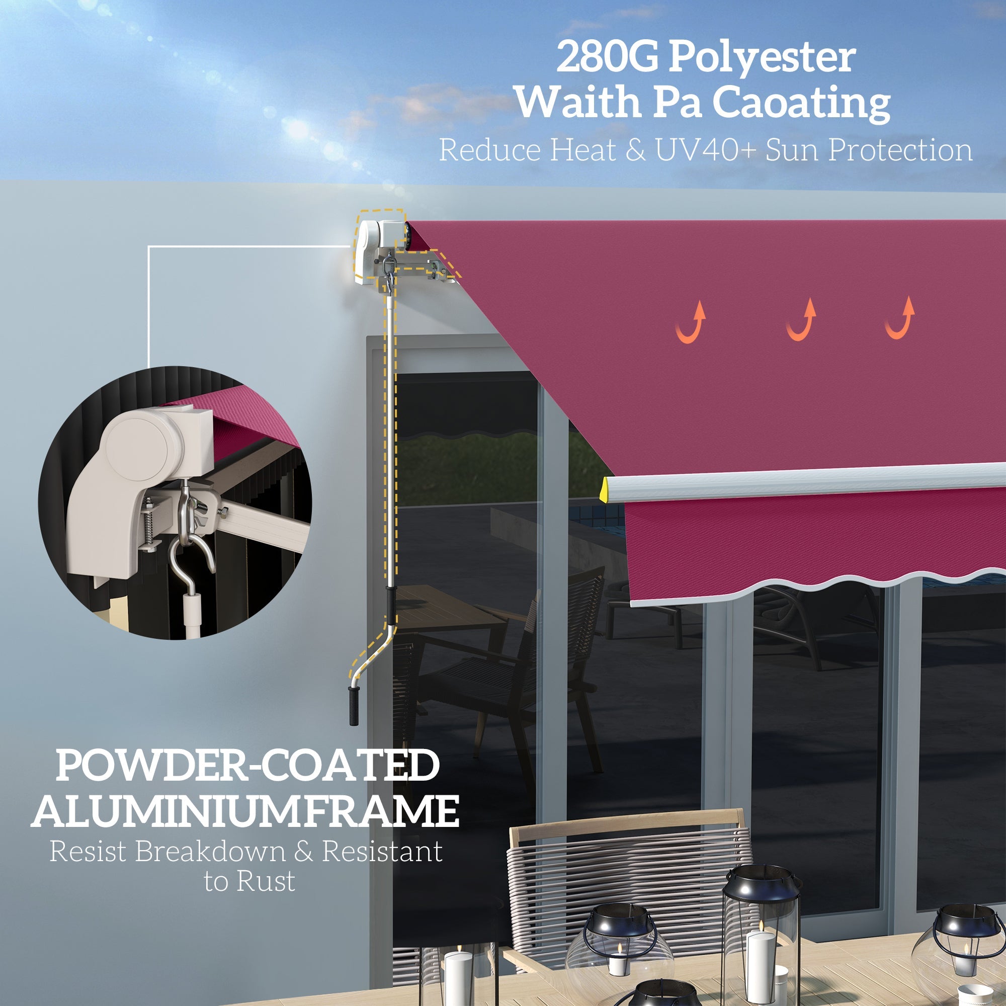 Outsunny 8x6.5 Manual Retractable Awning with LED, Aluminum Sunshade for Patio & Window, UV Protection, Wine Red 