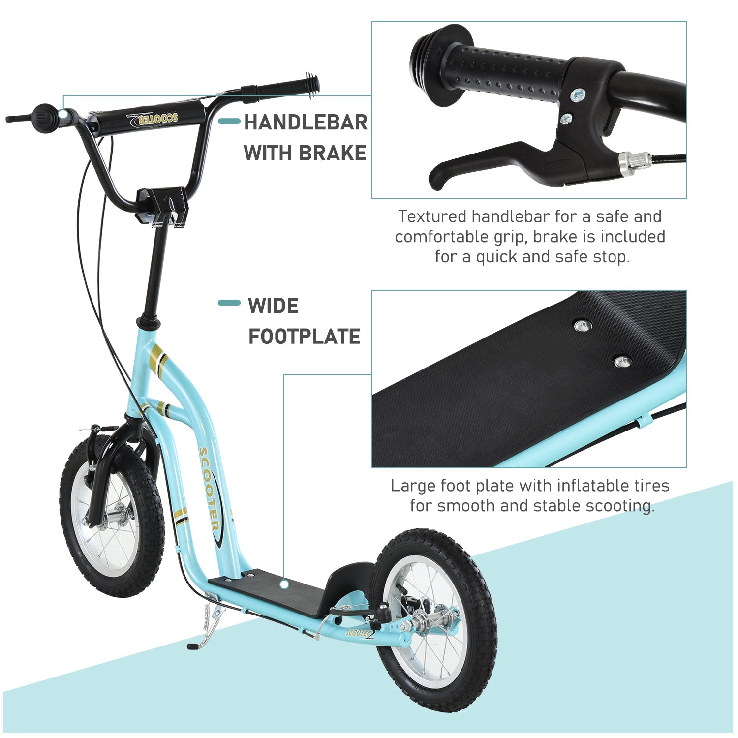 Aosom Youth Scooter Street Scooter for Teens w/ 12'' Inflatable Front Wheel Dual Brakes for 5+ Year Old Kids 
