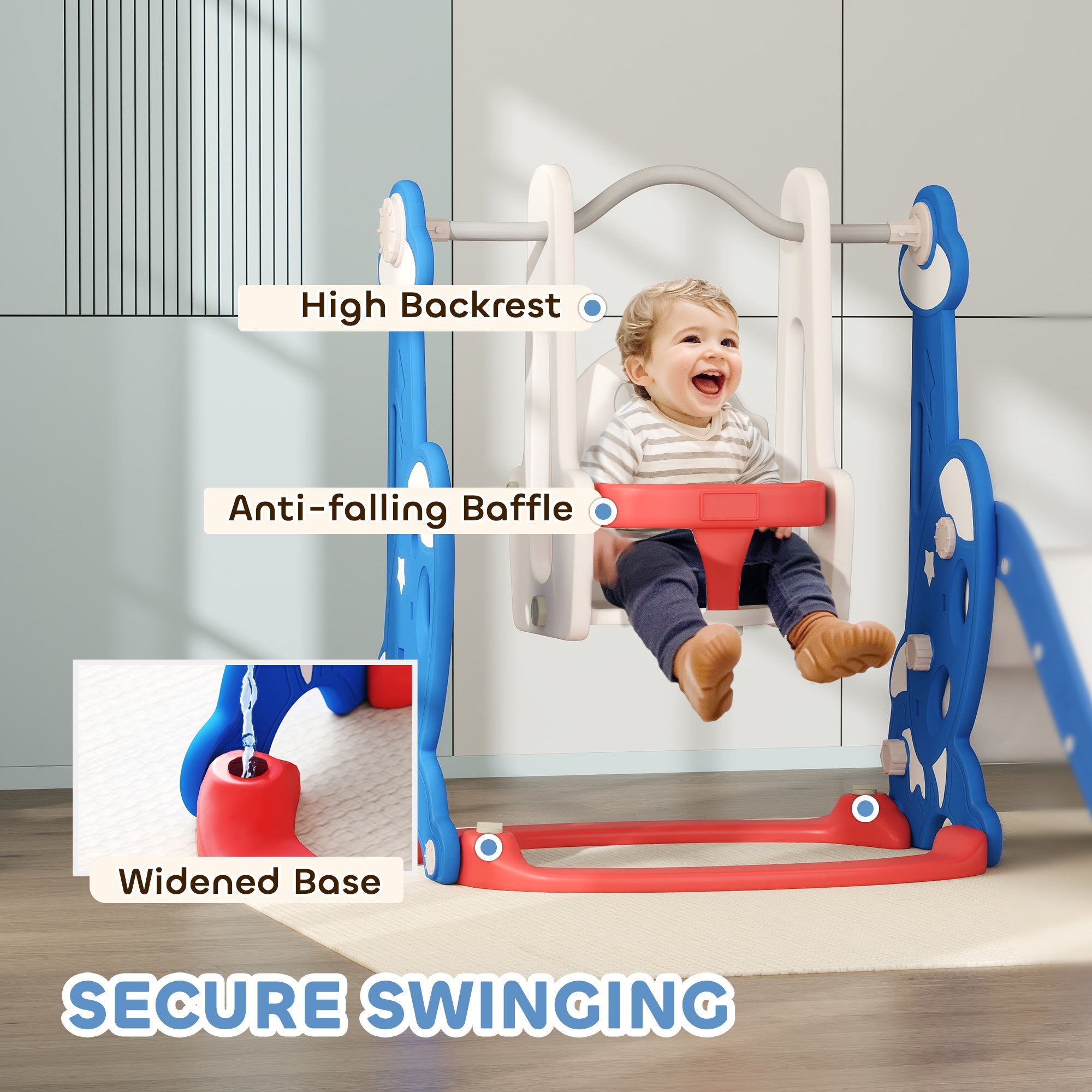 Qaba 4-in-1 Slide and Swing Set with Basketball Hoop, Climber, for Ages 1.5-4 Boys Girls Toddler, Rocket Themed, Dark Blue 