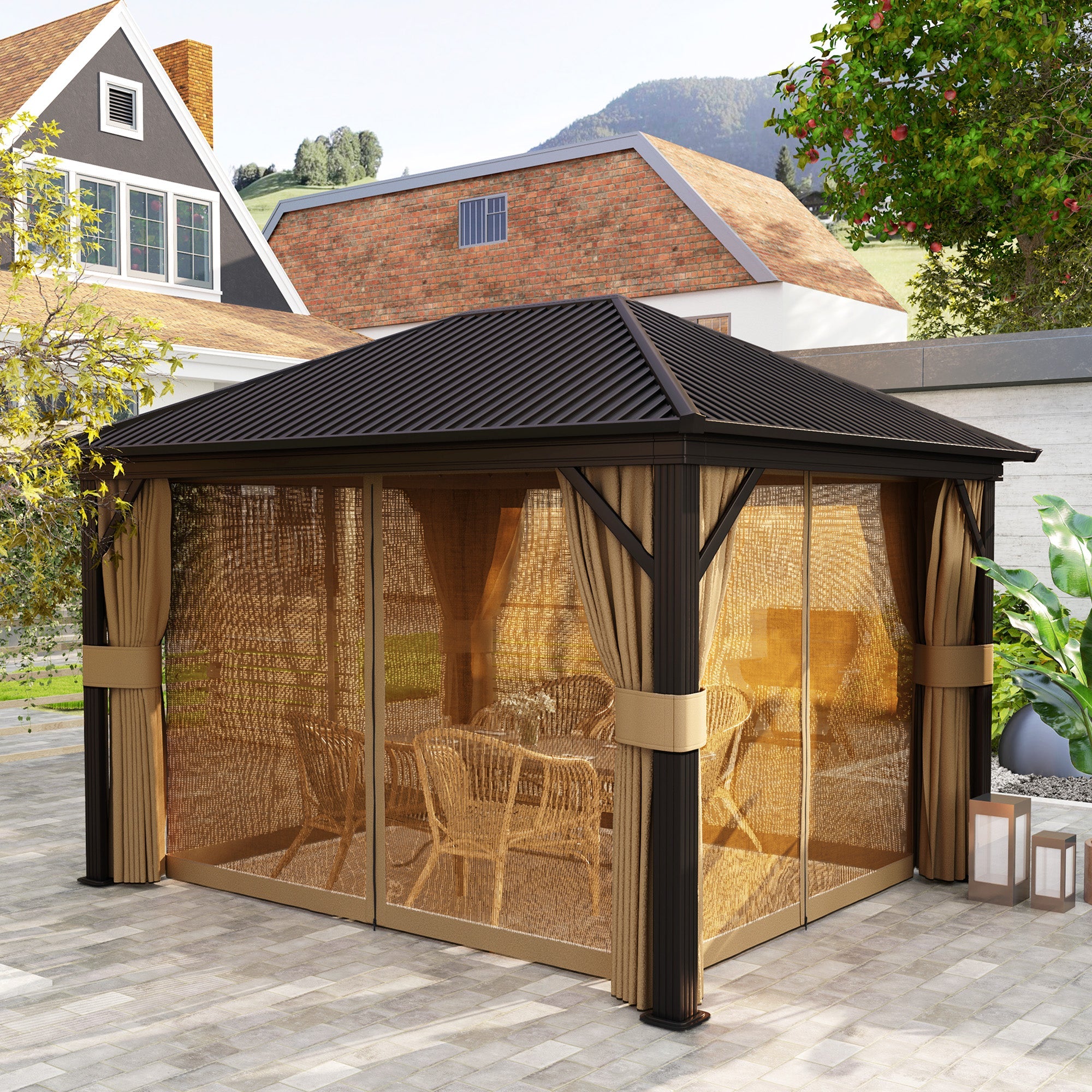 Outsunny 10' x 12' Outdoor Hardtop Gazebo Metal Roof Patio Gazebo with Aluminum Frame, Mesh Nettings, Brown 
