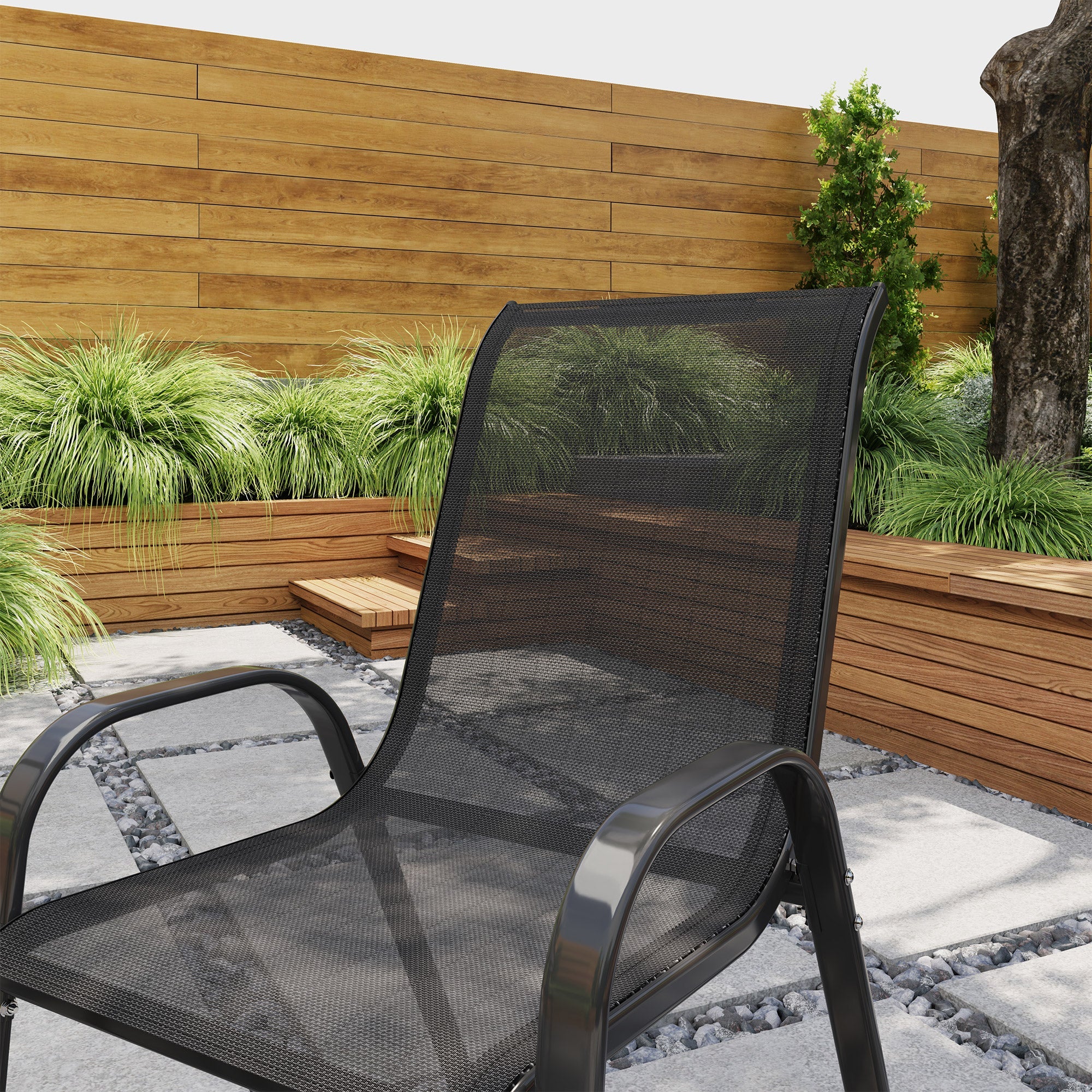 Outsunny Set of 2 Outdoor Dining Chairs, Stackable Lawn Chairs with High Back, Breathable Mesh Seat for Garden Porch, Black 
